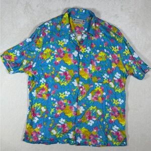 All Saints Size Large Relaxed Fit Super Soft Blue Floral Beach Vacation Shirt